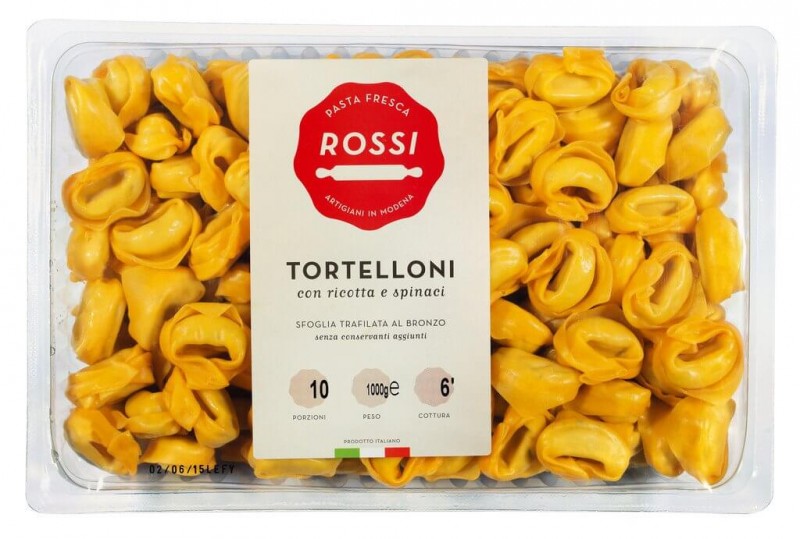 Tortelloni con ricotta e spinaci, Nouilles aux oeufs fraiches avec ricotta et epinards, Pasta Fresca Rossi - 1 000g - paquet