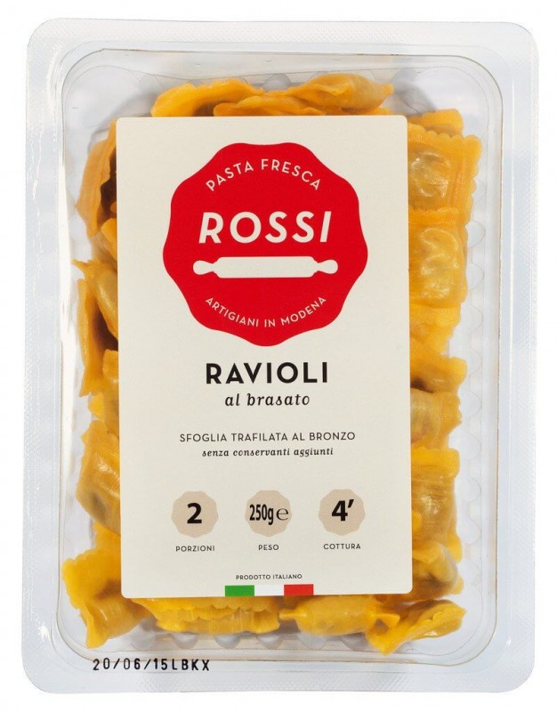 Ravioli al Brasato, nouilles aux oeufs fraiches fourrees a la viande, Pasta Fresca Rossi - 250g - paquet