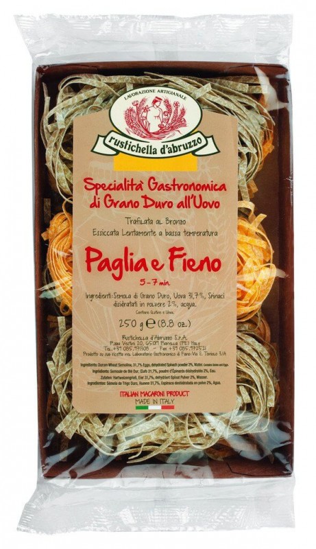 Paglia e Fieno - Fettuccine all`uovo, nouilles aux oeufs vertes et jaunes, 4 mm, Rustichella - 250g - paquet