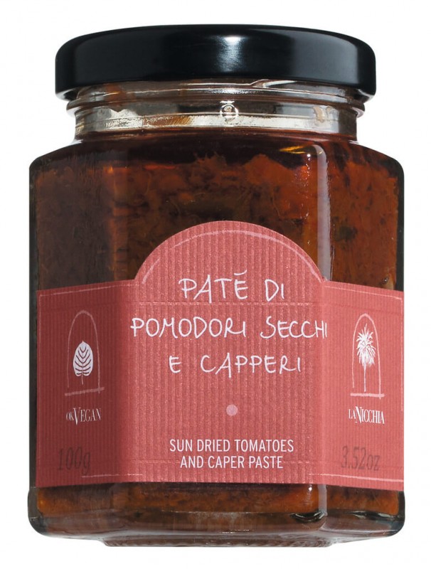 Pate di pomodori secchi e capperi, fløde med tørrede tomater, kapers, sorte oliven, La Nicchia - 100 g - Glas