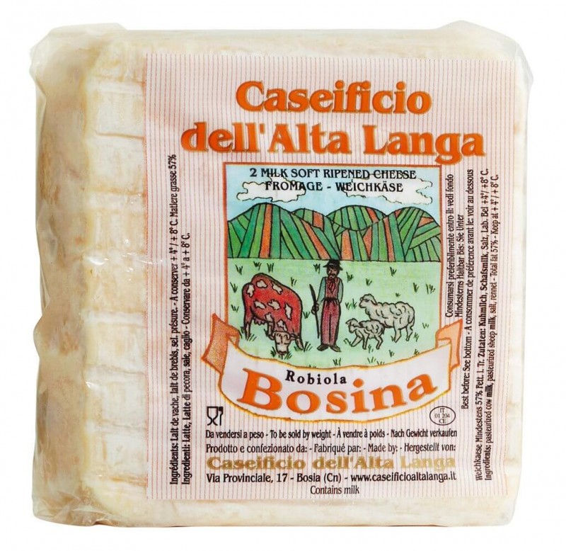 Robiola due latti Bosina, fromage a pate molle au lait de vache et de brebis, matiere grasse en tr.57%, Caseificio Alta Langa - 8 x environ 250 g - kilos