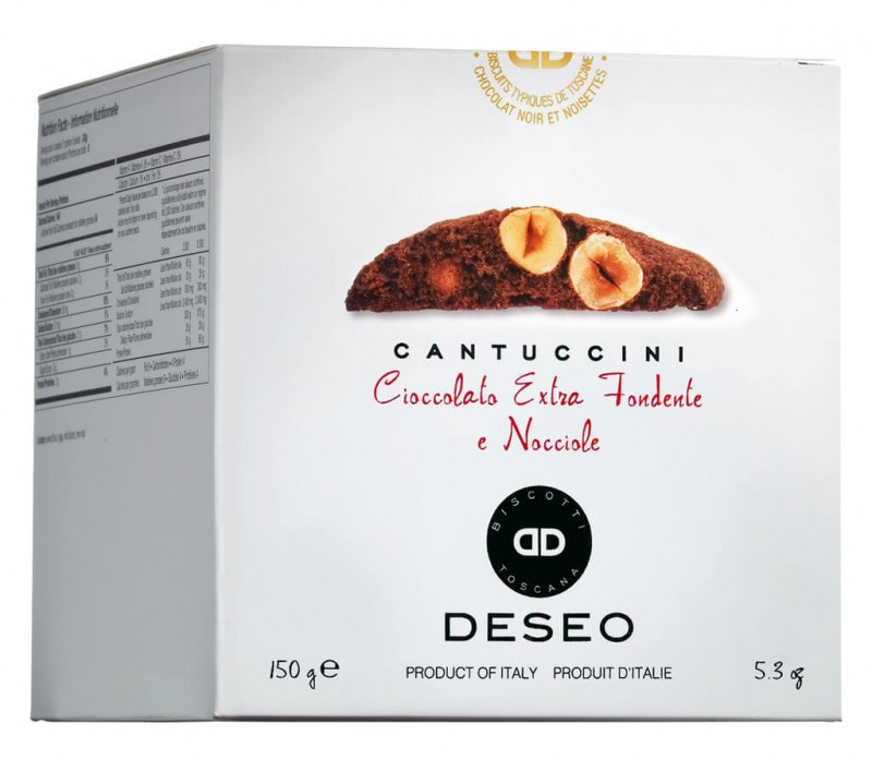 Cantuccini con nocciole e cioccolato fondente, Cantuccini aux noisettes et chocolat, Deseo - 200 g - pack