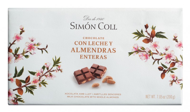 Chocolate con leche y alemendras enteras, chocolat au lait aux amandes entieres, Simon Coll - 200g - Morceau