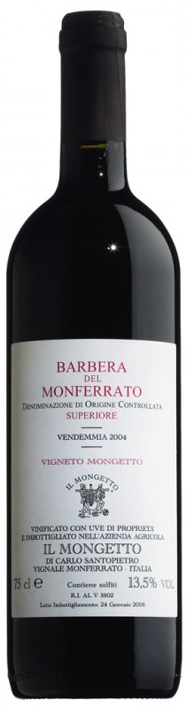 Barbera del Monferrato Sup. DOCG, Rotwein, Barrique, Il Mongetto - 0,75 l - Flasche