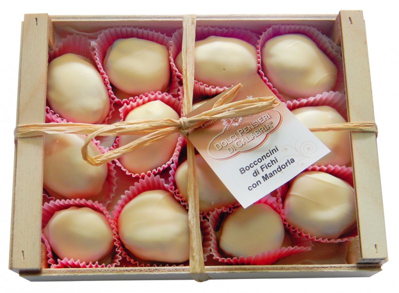 Vijgen met amandelen en witte chocolade coating, Bocconcini bianchi di fichi con mandorle, Dolci Pensieri - 250 g - pak