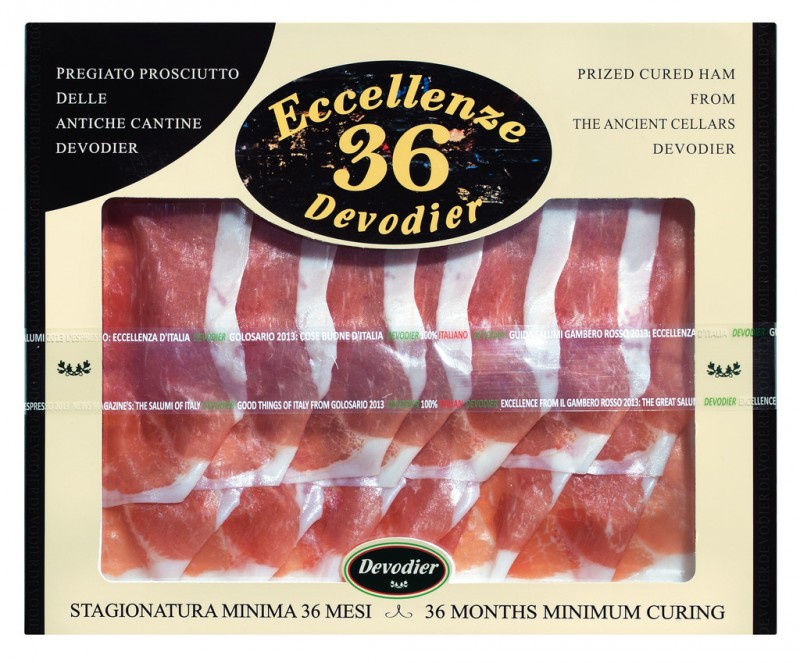 Prosciutto Crudo Vaschetta, 36 mesi, Rohschinken 36 Mon., geschnitten, vakuumiert, Devodier - 70 g - Packung