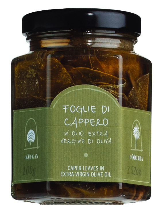 Foglie di cappero in olio extra vergine d`oliva, feuilles de capres marinees dans de l`huile d`olive extra vierge, La Nicchia - 100g - Verre