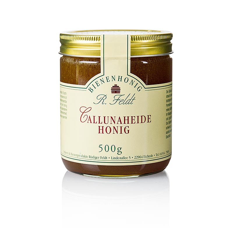 Miel de bruyere Calluna, rouge-brun, cremeux, arome puissant de l`apiculture Feldt - 500g - Verre