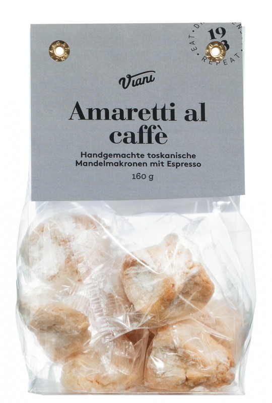 AMARETTI - Macarons aux amandes et cafe, Macarons classiques aux amandes et au cafe, Viani - 160g - sac