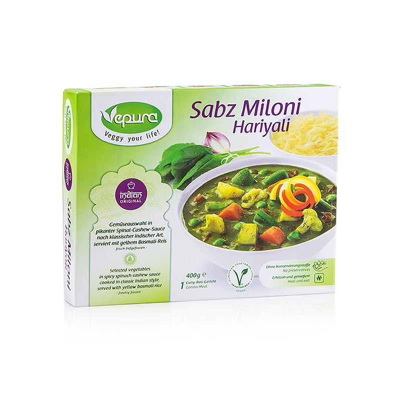 Sabz Miloni Hariyali - groenten in spinazie-cashewsaus, pittige basmatirijst - 400 g - pak