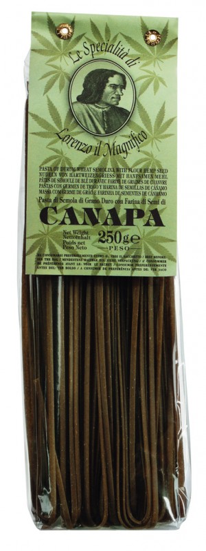 Linguine Canapa, nouilles en ruban a base de semoule de ble dur, cannabis, Lorenzo il Magnifico - 250g - paquet