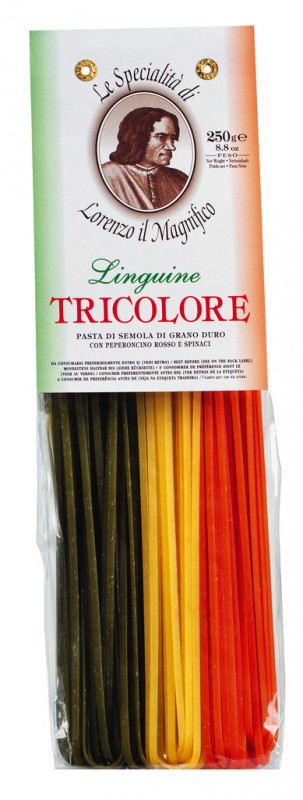 Linguine Tricolore, nouilles en ruban a base de semoule de ble dur, 3 couleurs, Lorenzo il Magnifico - 250g - paquet