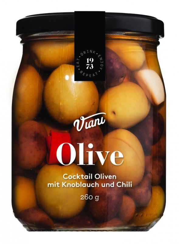 OLIVE - Cocktailoliven med hvidloeg og chili, blandede oliven med hvidloeg og chili med sten, Viani - 260 g - Glas