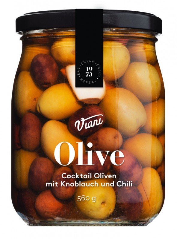 OLIVE - Cocktailoliven med hvidloeg og chili, blandede oliven med hvidloeg og chili med sten, Viani - 560 g - Glas