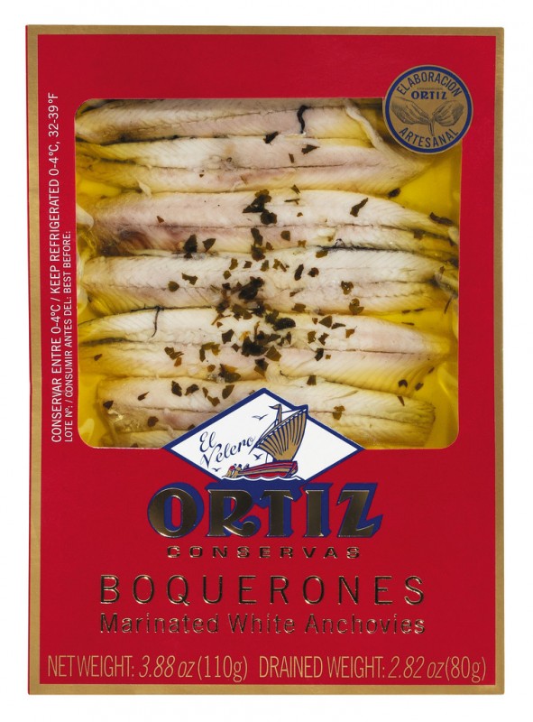 Boquerones - Marinated white anchovies, Marinierte weiße Sardellen, Ortiz - 110 g - Packung