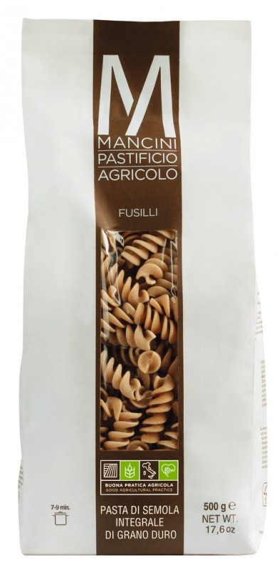 Fusilli Integrali, pates a base de semoule complete de ble dur, Pasta Mancini - 500g - paquet