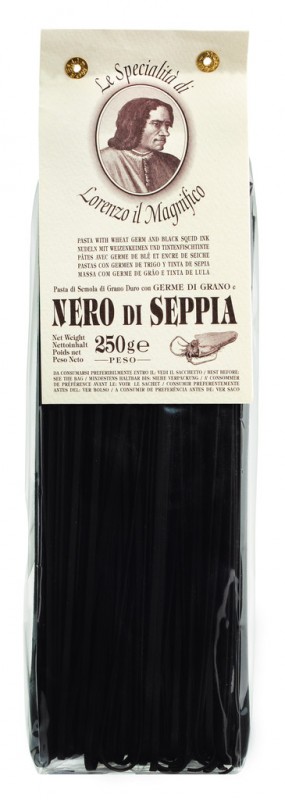 Linguine a l`encre de seiche, tagliatelles a l`encre de seiche + germe de ble, 3 mm, Lorenzo il Magnifico - 250g - paquet