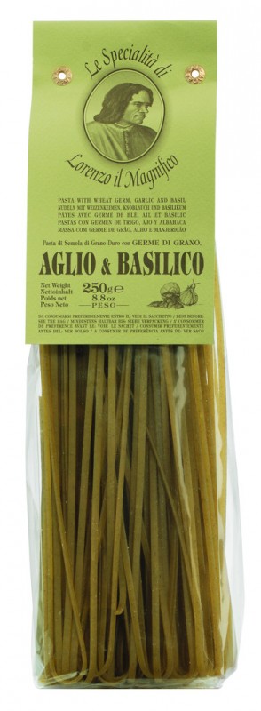 Linguine a l`ail et basilic, tagliatelles a l`ail et basilic, 3 mm, Lorenzo il Magnifico - 250g - paquet