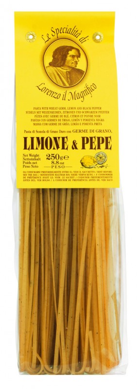 Linguine au citron et poivre, tagliatelles au citron+poivre+germe de ble, 3 mm, Lorenzo il Magnifico - 250g - paquet