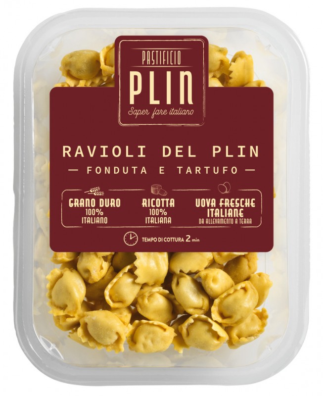 Ravioli del Plin fonduta e tartufo, ravioli filled with fontina and truffle, pastificio plin - 250 g - pack