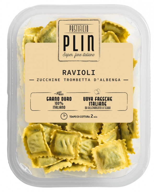 Raviolo con zucchina trombetta d`Albenga, ravioli filled with leg zucchini, Pastificio Plin - 250 g - pack