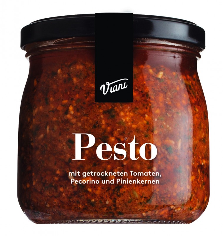 PESTO - Frisches Tomatenpesto mit Pecorino, Frisches Tomatenpesto mit Pecorino u.Pinienkernen, Viani - 180 g - Glas