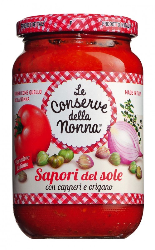 Sugo sapori del sole aux capperi e origano, sauce tomate aux herbes et legumes, Le Conserve della Nonna - 350g - Verre