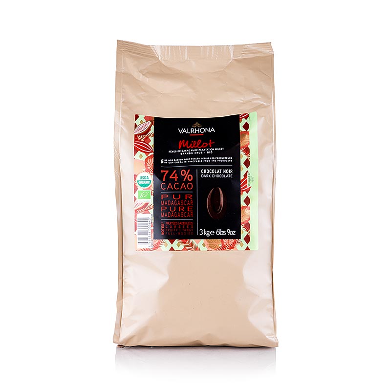 Valrhona Millot, couverture noire, 74% cacao, callets (31508), BIO - 3kg - sac