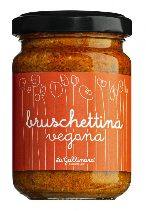 Bruschettina Vegana, tartinee d`aubergines et sechee. Tomates, vegetaliennes, La Gallinara - 130g - Verre