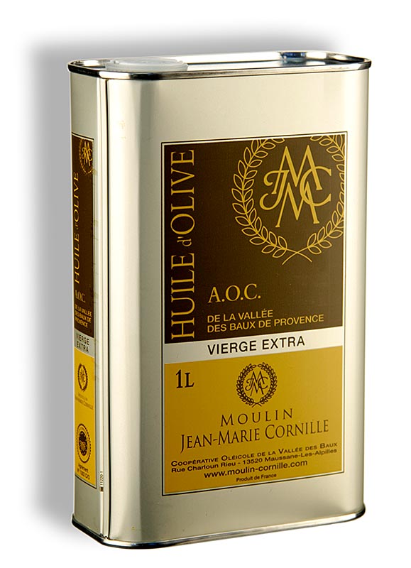 Huile d`olive vierge, Fruite Noir, legerement sucree, Baux de Provence, AOP, Cornille - 1 litre - boite