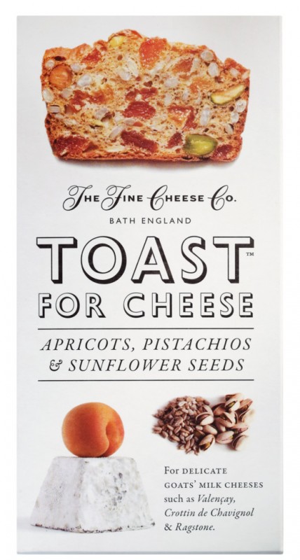 Toast til ost - abrikos, pistacie, frø, med abrikoser, pistacienødder og solsikkekerner, The Fine Cheese Company - 100 g - pakke