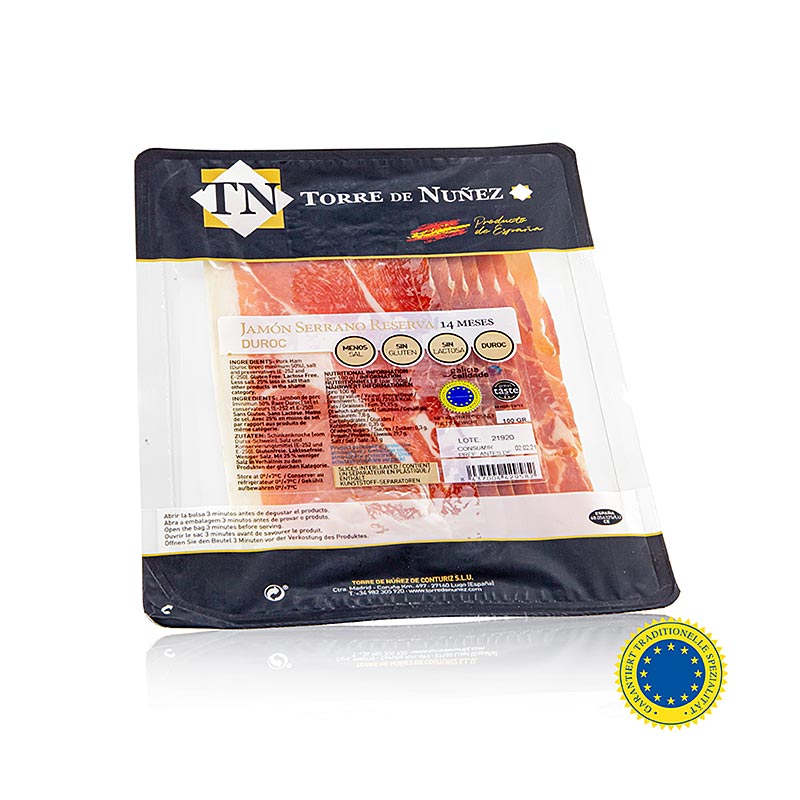 Jamon Serrano Reserva gtS, 14 maneder, skinke i skiver, Torre de Nunez - 100 g - Blaerer