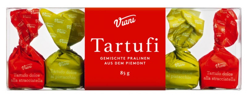 Tartufi misti pistacchio e stracciatella, caisse de 6, truffes au chocolat pistaches et stracciatella, Viani - 85g - paquet