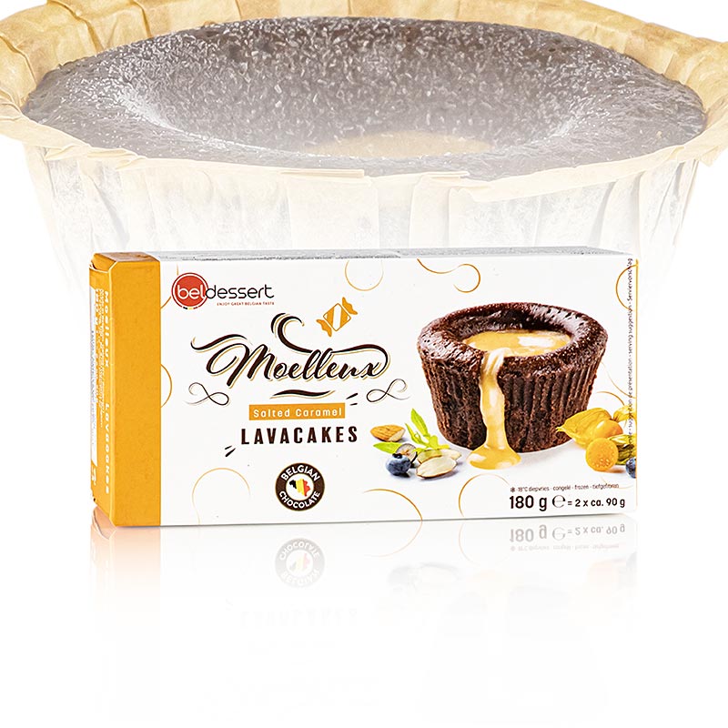 Gateau de lave au chocolat avec centre de caramel liquide au beurre sale, dessert - 1,08 kg, 12 x 90 g - Papier carton