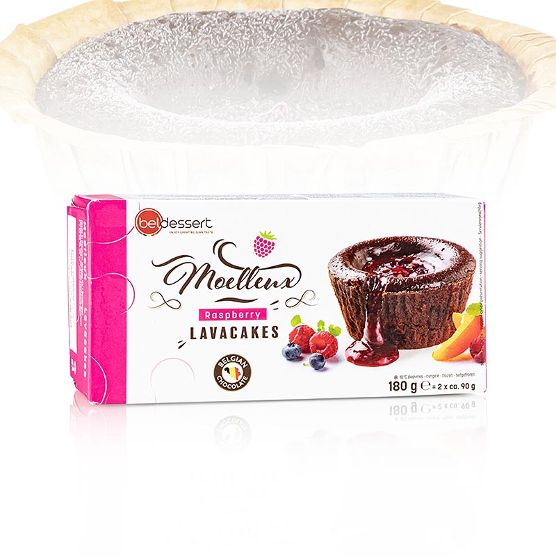 Gateau de lave au chocolat avec centre liquide a la framboise, dessert - 1,08 kg, 12 x 90 g - Papier carton