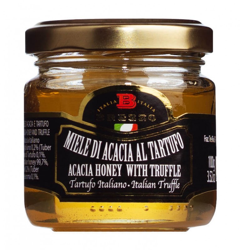 Acacia honning med trøffel smag, Miele aromatizzato al tartufo, Apicoltura Brezzo - 100 g - glas