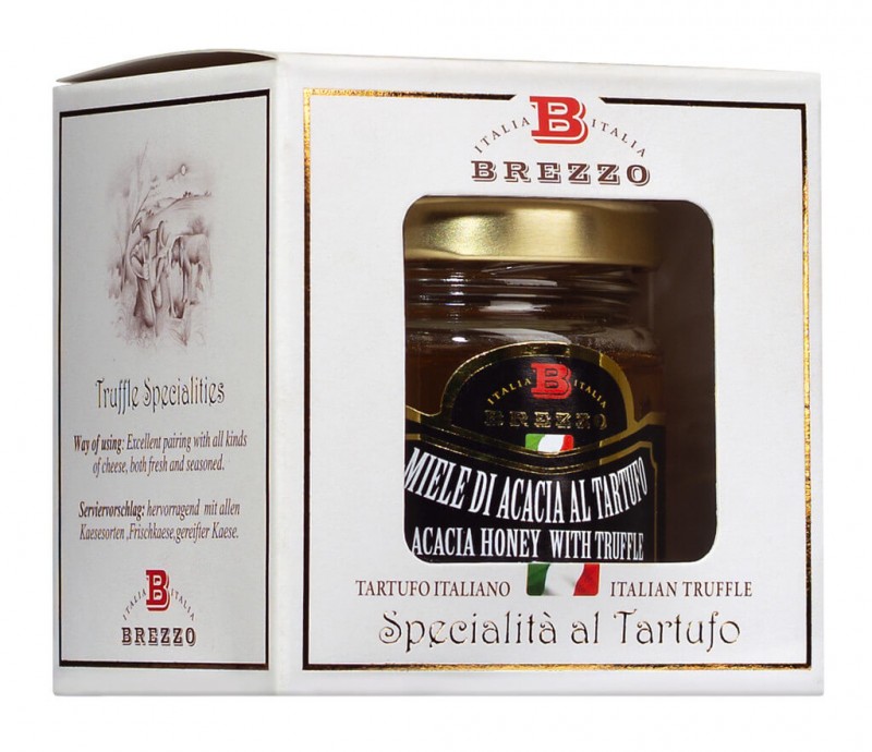 Acacia honning med trøffel smag, Miele aromatizzato al tartufo, Apicoltura Brezzo - 100 g - glas