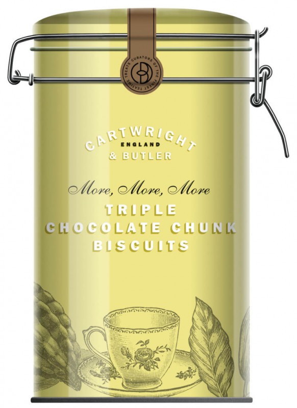 Triple Chocolate Chunk Biscuits, biscuit with three types of chocolate, tin, Cartwright and Butler - 200 g - can