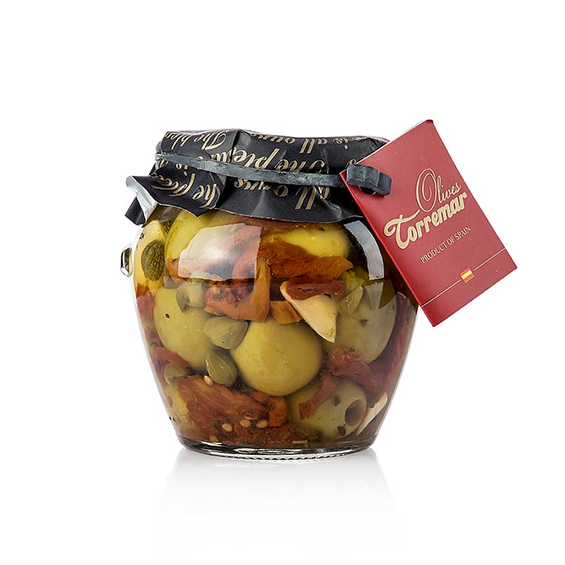 Green olives, stoneless, Gordal, with tomato/capers, Torremar SL - 580g - Glass