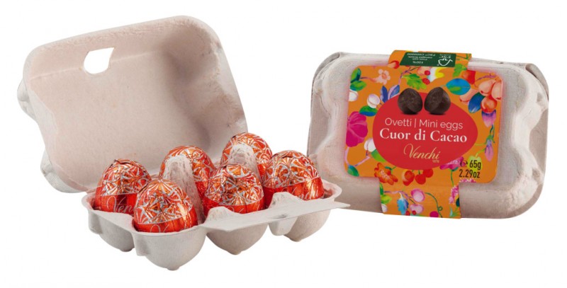 Petits mini oeufs en carton, oeufs de Paques fourres au cacao et a la creme de lait, assortis, Venchi - 12 x 65 g - Afficher