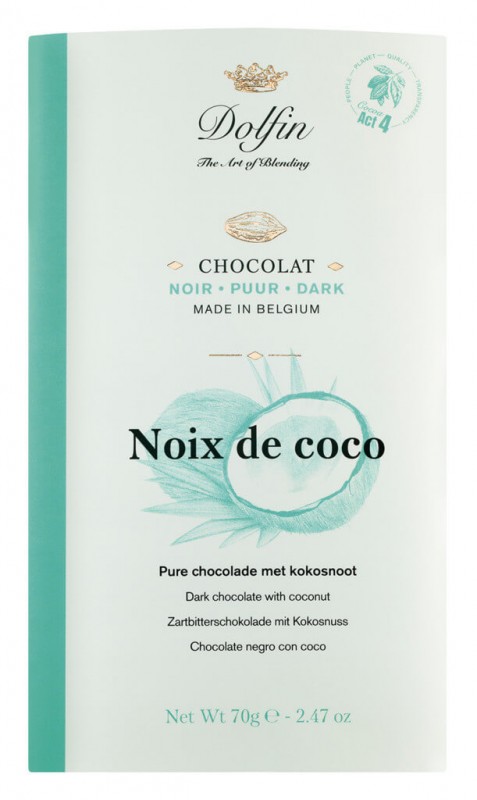 Tablet, Noix de coco, mørk chokolade med kokos, Dolfin - 70 g - stykke