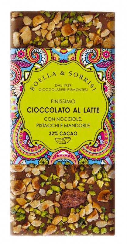 Cioccolato latte pistache, nocciole + mandorle, chocolat au lait aux noix melangees, boella + sorrisi - 100g - Morceau