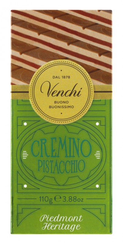 Barre cremino pistache, chocolat pistache Gianduia, legerement salee, Venchi - 110g - Morceau