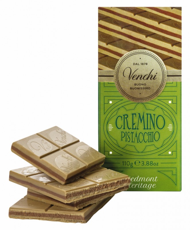 Barre cremino pistache, chocolat pistache Gianduia, legerement salee, Venchi - 110g - Morceau