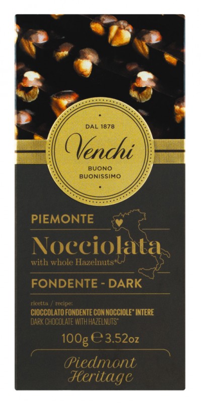 Barre de chocolat noir aux noisettes, chocolat noir aux noisettes entieres, Venchi - 100g - Morceau