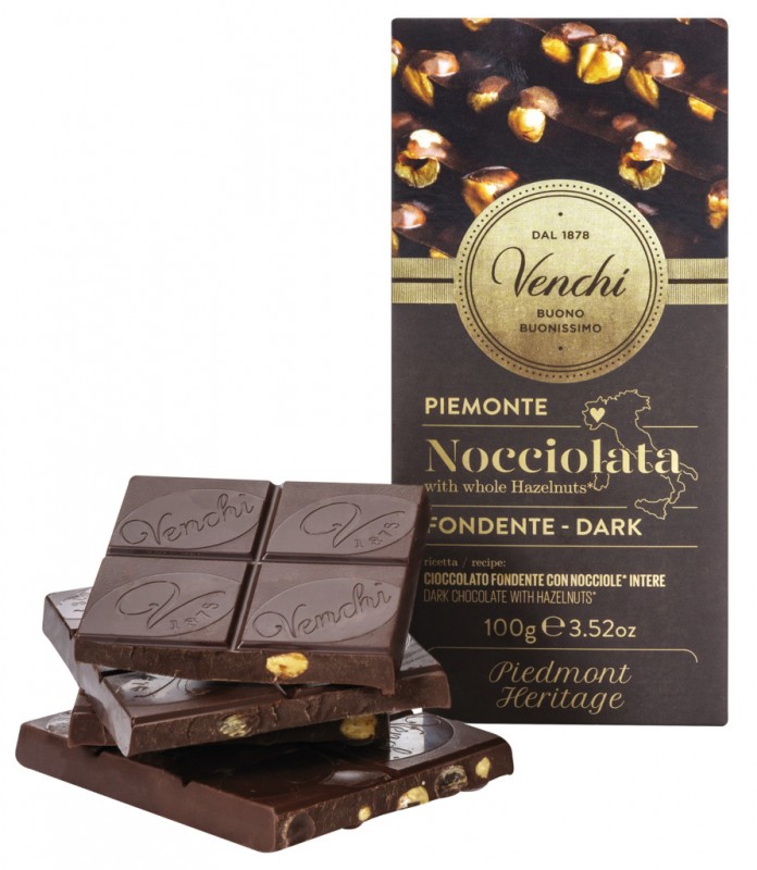 Barre de chocolat noir aux noisettes, chocolat noir aux noisettes entieres, Venchi - 100g - Morceau