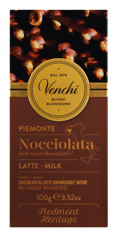 Barre de chocolat au lait et noisettes, chocolat au lait aux noisettes entieres, Venchi - 100g - Morceau