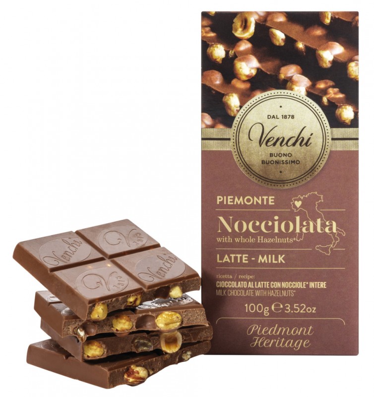 Barre de chocolat au lait et noisettes, chocolat au lait aux noisettes entieres, Venchi - 100g - Morceau