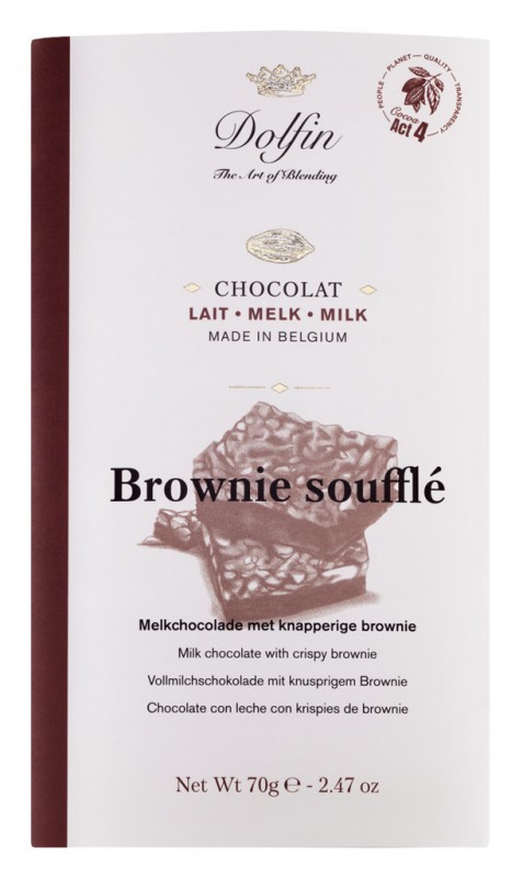 Tablette, souffles de brownies au lait, chocolat au lait avec brownie croustillant, Dolfin - 70g - Morceau