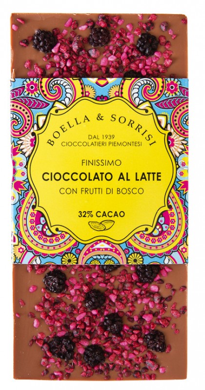 Cioccolato latte frutti di bosco, chocolat au lait aux fruits des bois, boella + sorrisi - 100g - Morceau